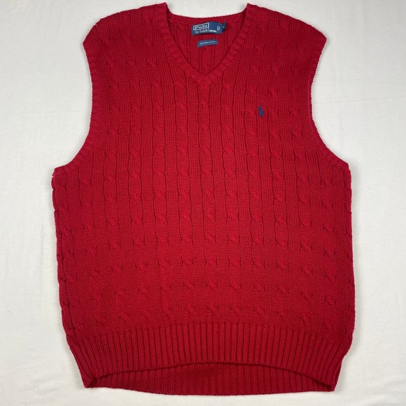 Polo Ralph Lauren Other - Polo Ralph Lauren Red Cable Knit V-Neck Sweater Vest Mens Large 100% Pima Cotton